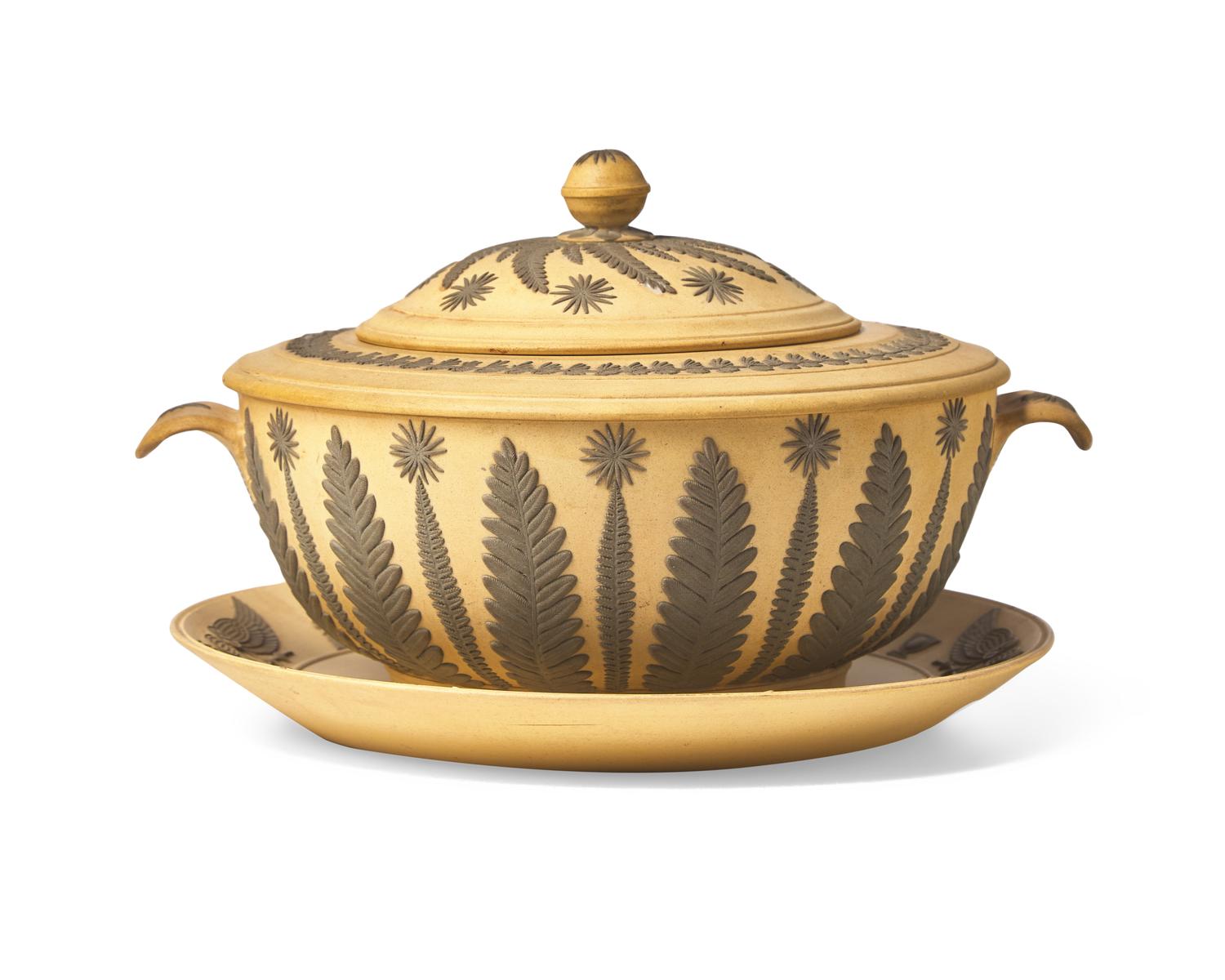 A Wedgwood Jasperware Egyptian Revival Decorated Covered Bowl with Underplate