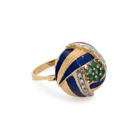 YELLOW GOLD, EMERALD, DIAMOND AND ENAMEL RING