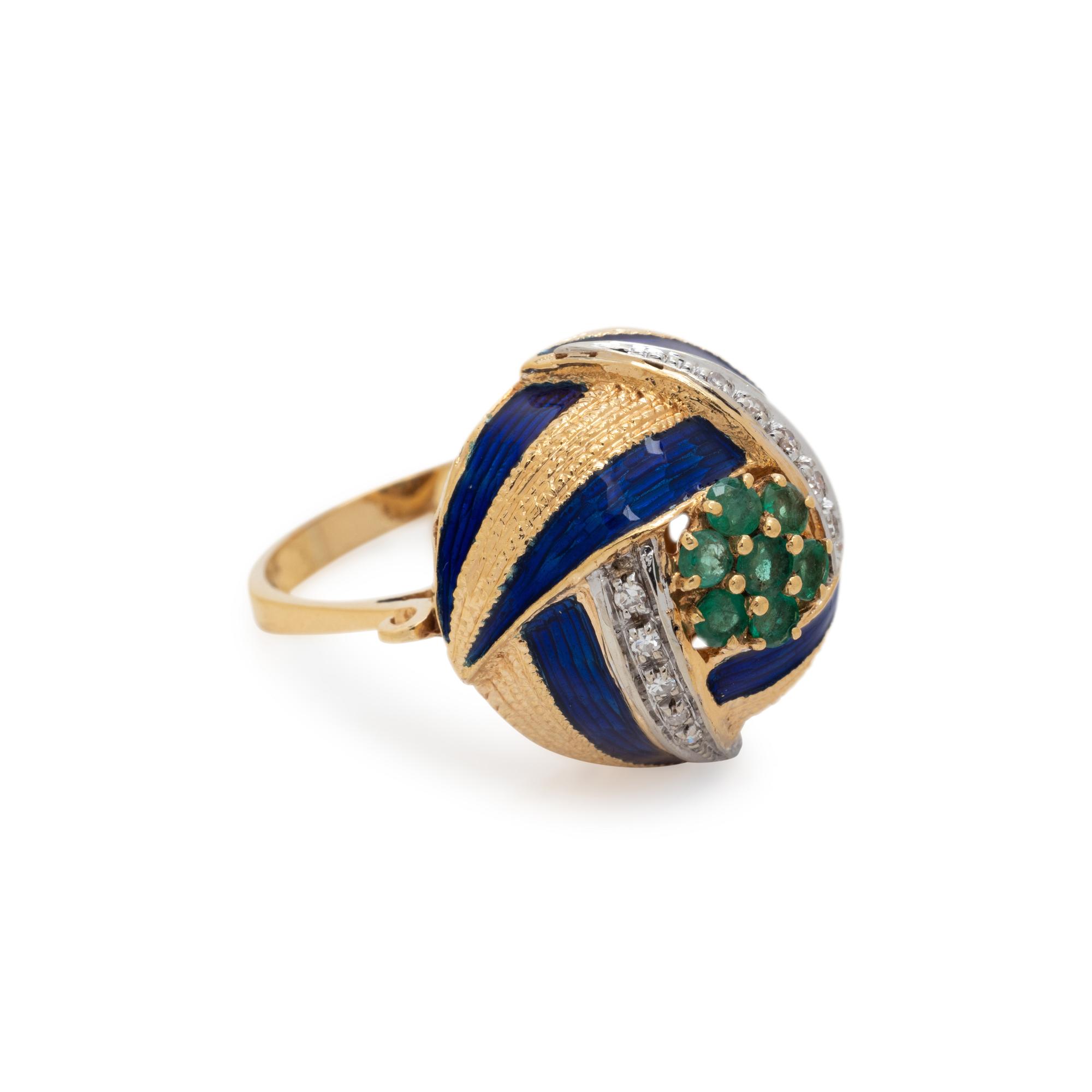 YELLOW GOLD, EMERALD, DIAMOND AND ENAMEL RING