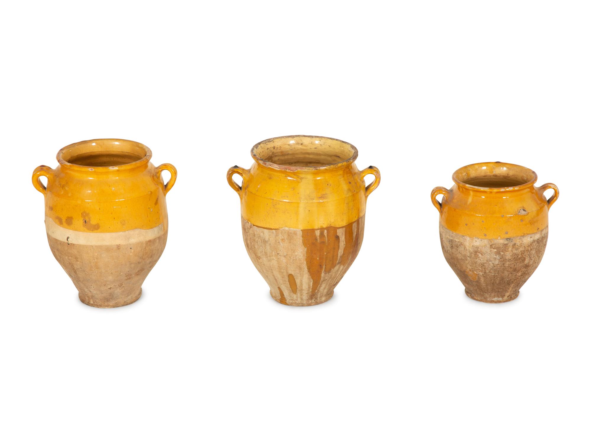 Three Partially Glazed Terra Cotta Olive Jars — 20th Century