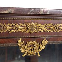 A Louis XVI Style Gilt Bronze Mounted Kingwood Veneered Marble-Top Vitrine Cabinet