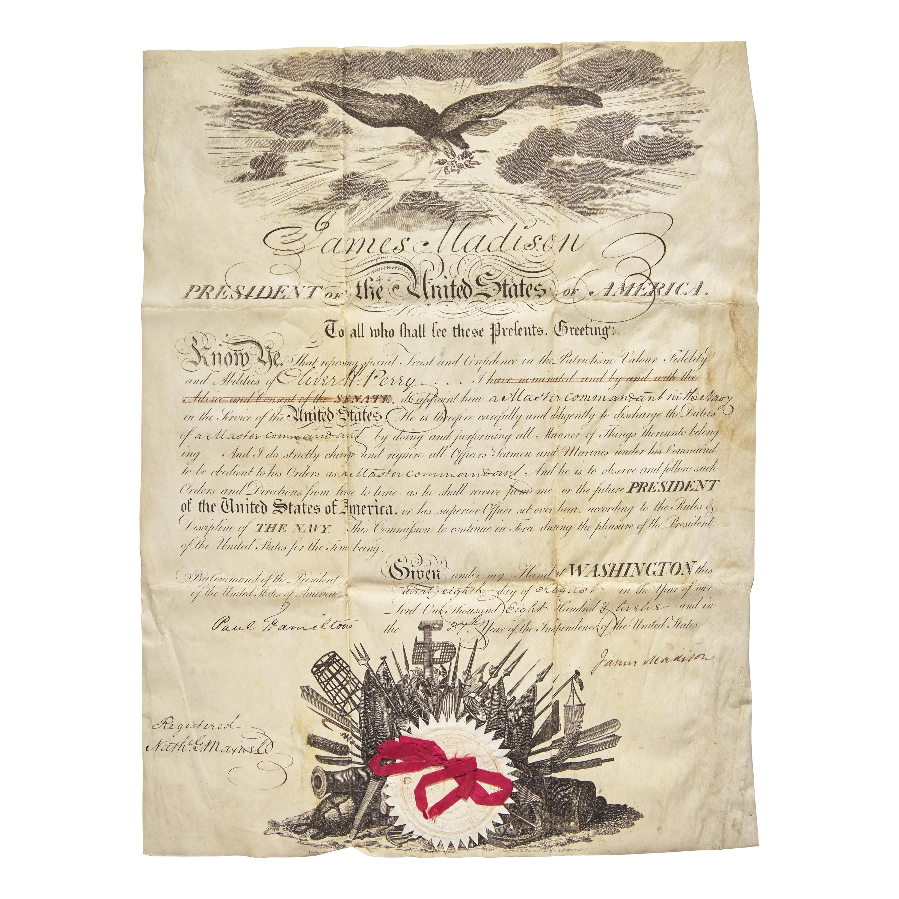 [War of 1812] "We Have Met the Enemy and They are Ours": The Critical Promotion of a Naval Hero, Oliver Hazard Perry is Appointed Master Commandant in the United States Navy, Commission signed by James Madison, 1812