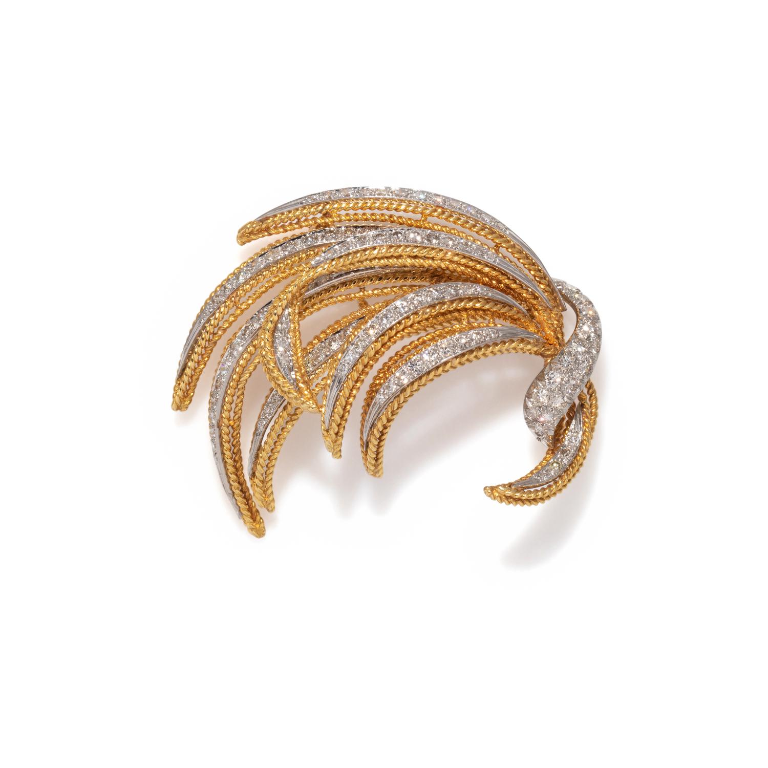 YELLOW GOLD, PLATINUM AND DIAMOND BROOCH