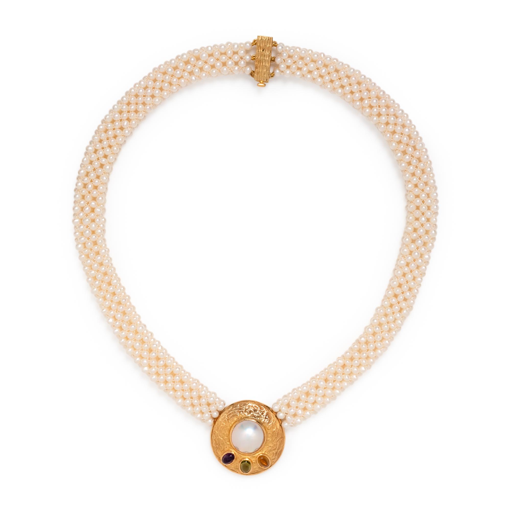 YELLOW GOLD, CULTURED PEARL AND MULTIGEM NECKLACE