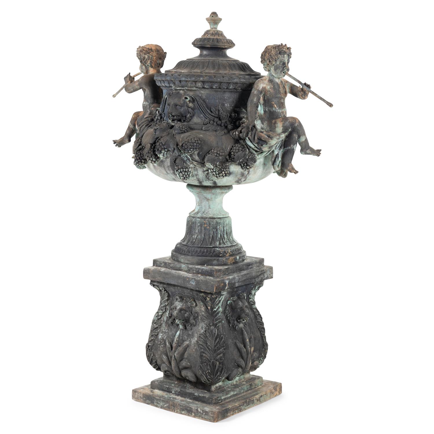 A Patinated Bronze Fountain Urn on Plinth