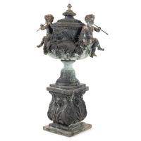 A Patinated Bronze Fountain Urn on Plinth