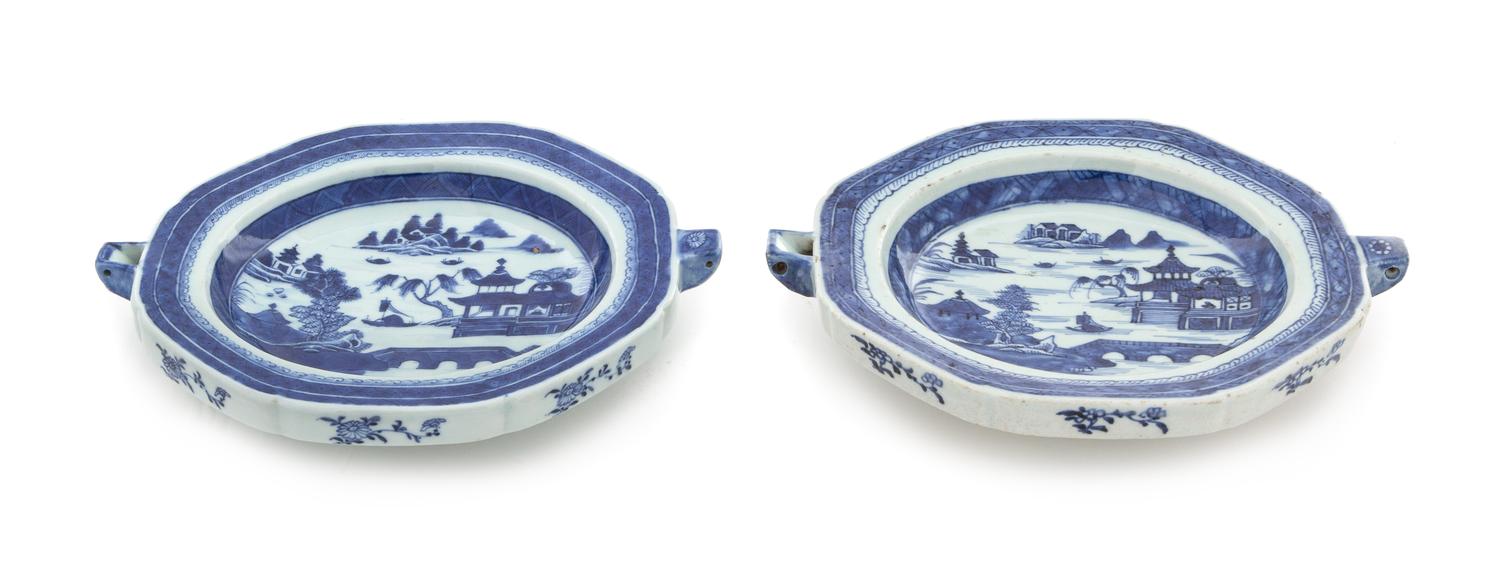 Two Canton Blue and White Warming Dishes Width of each 10 5/8 inches. — 19TH CENTURY