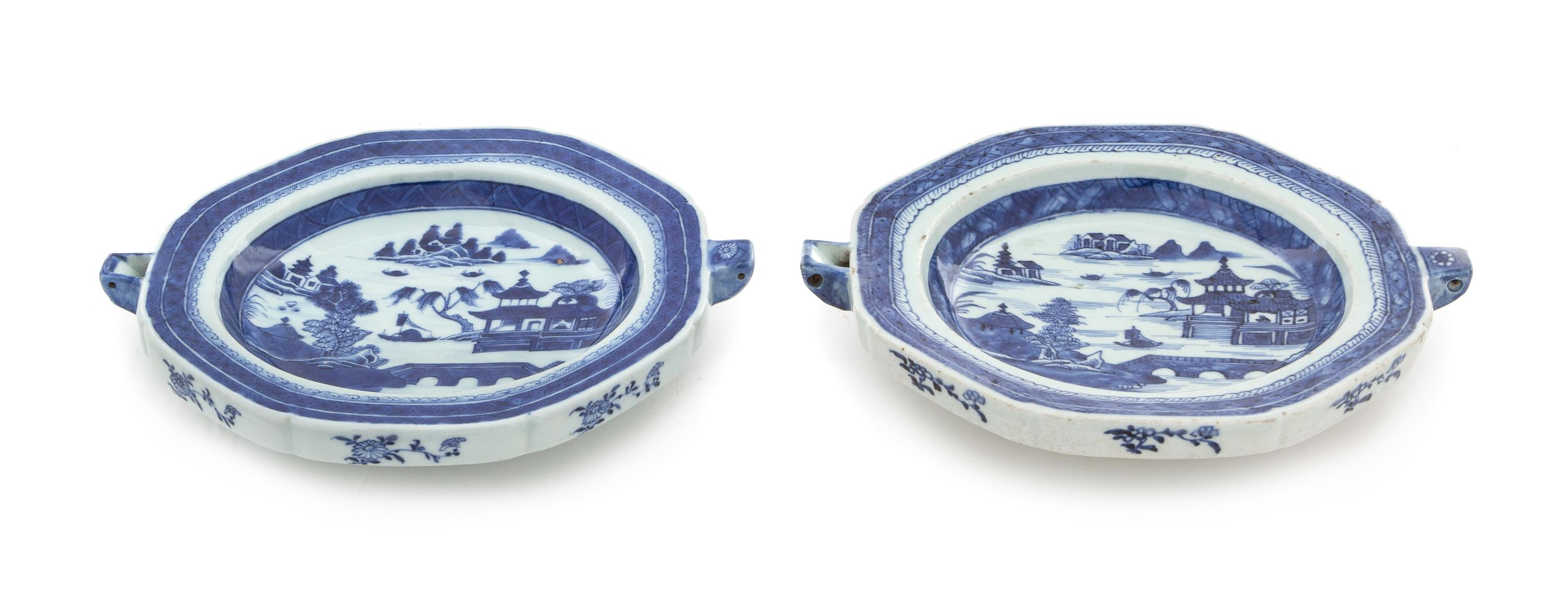 Two Canton Blue and White Warming Dishes Width of each 10 5/8 inches. — 19TH CENTURY