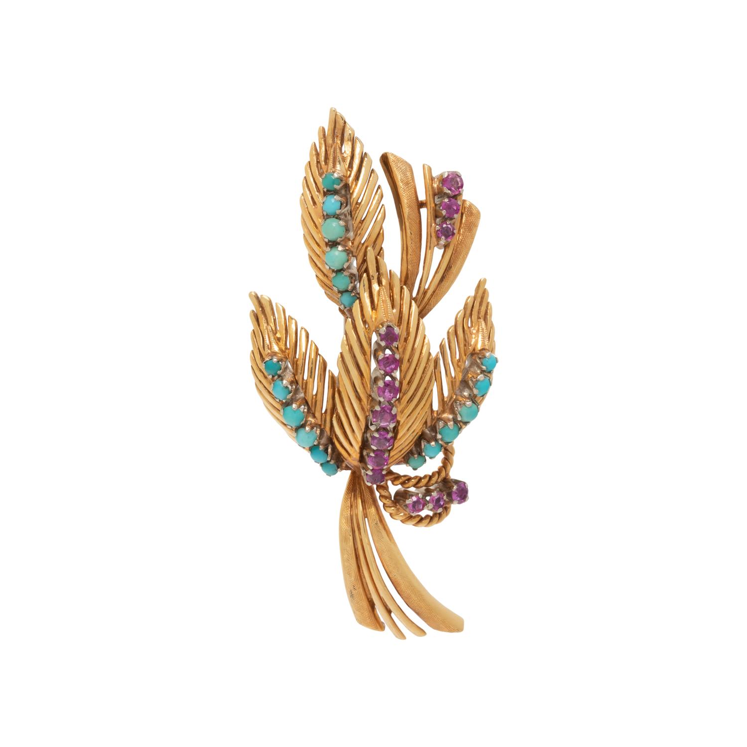 YELLOW GOLD, TURQUOISE, AND RUBY BROOCH