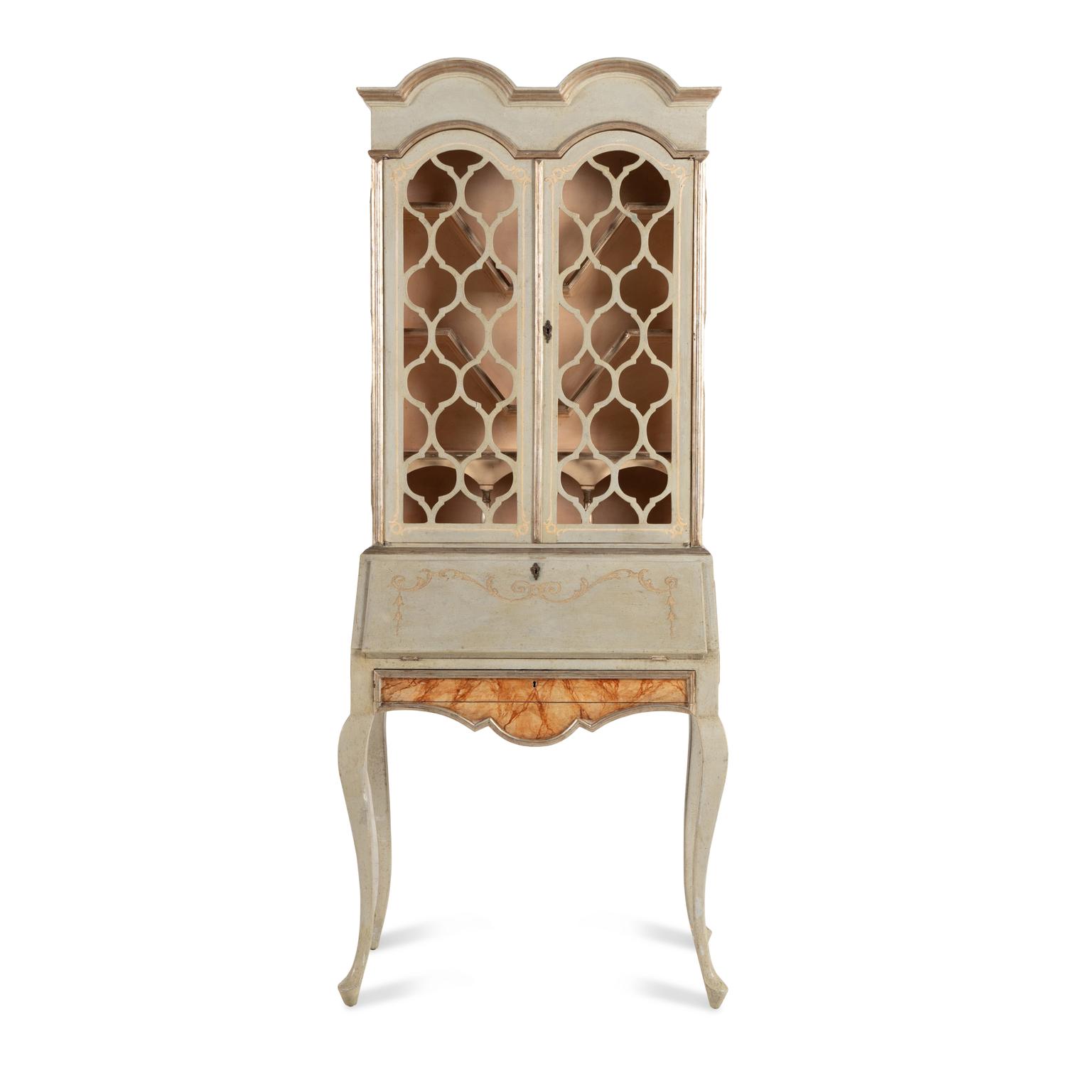 A Venetian Style Faux Marble Painted and Parcel Gilt Bureau Bookcase