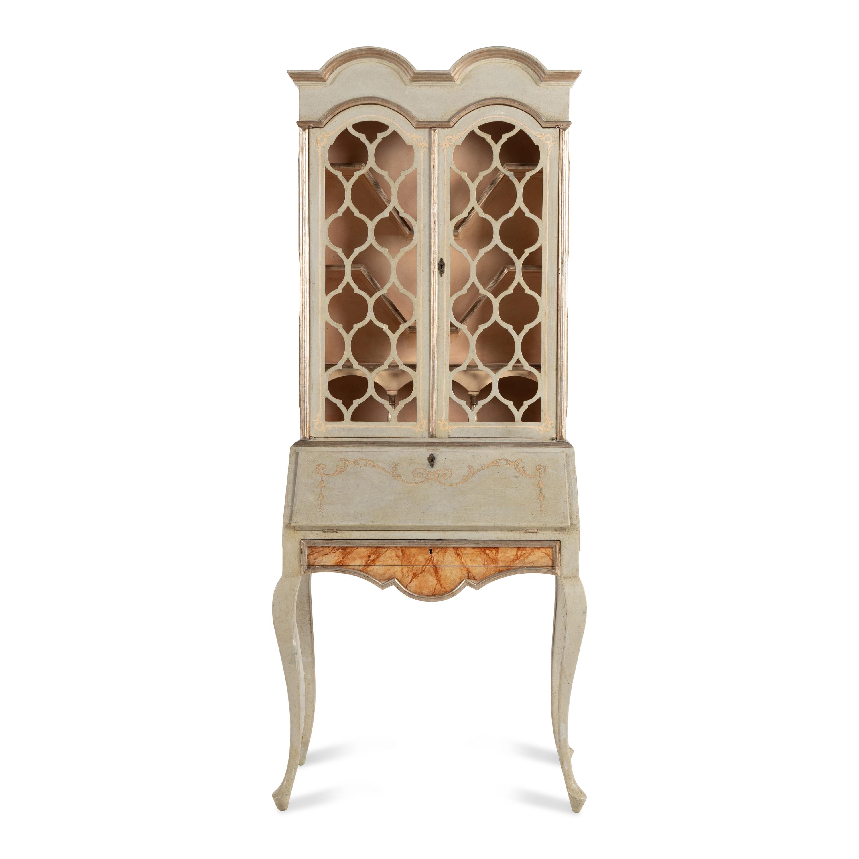A Venetian Style Faux Marble Painted and Parcel Gilt Bureau Bookcase