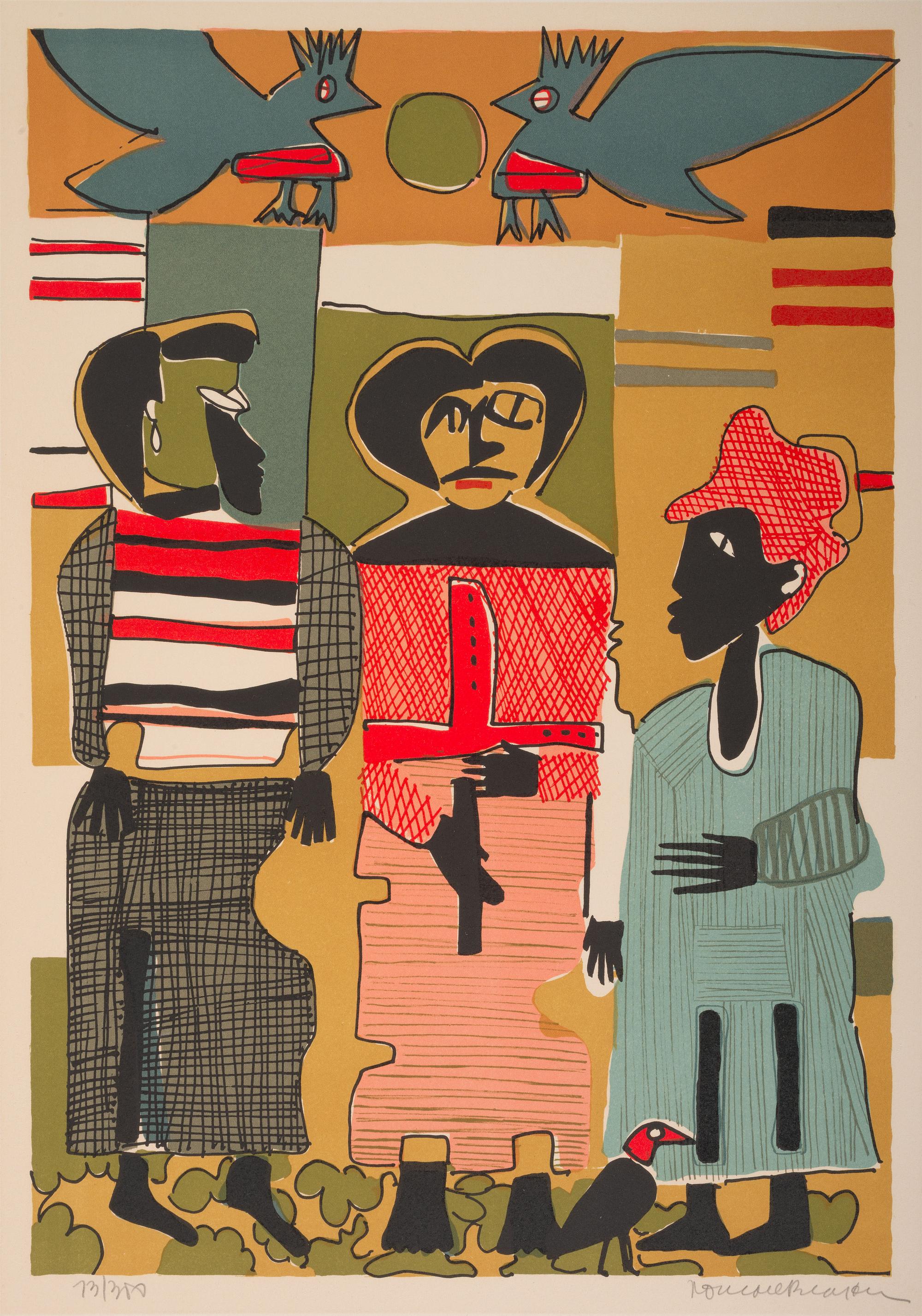 BEARDEN, Romare (1911-1988), artist. Firebirds . Signed print. [1979].