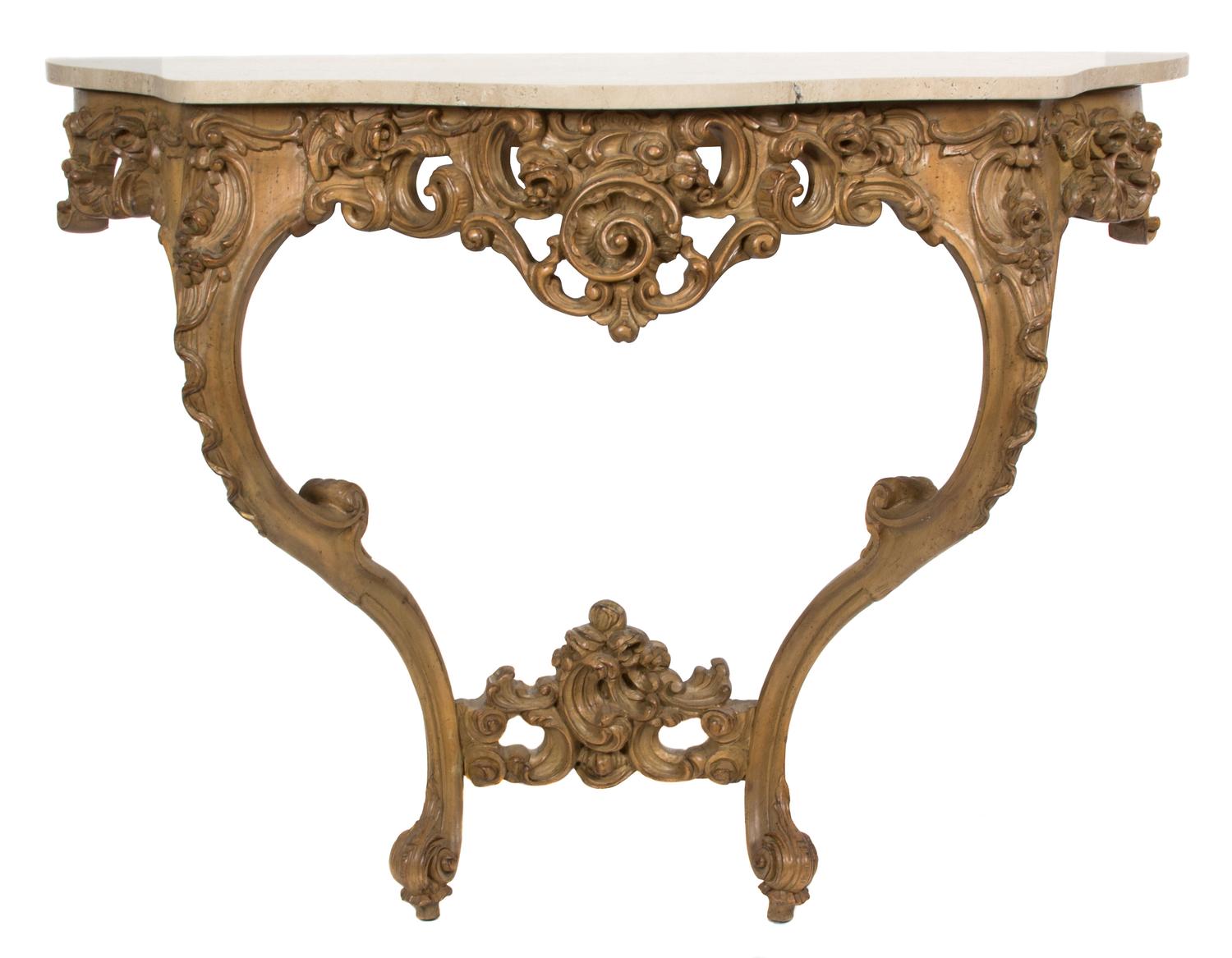 A Louis XV Style Carved Pine Console Table Height 33 1/2 x width 45 x depth 16 1/4 inches. — 19TH CENTURY