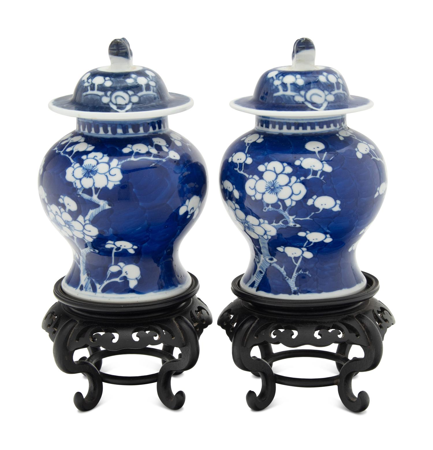A Pair of Chinese Blue and White 'Cracked Ice and Prunus' Porcelain Covered Jars