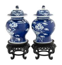 A Pair of Chinese Blue and White 'Cracked Ice and Prunus' Porcelain Covered Jars