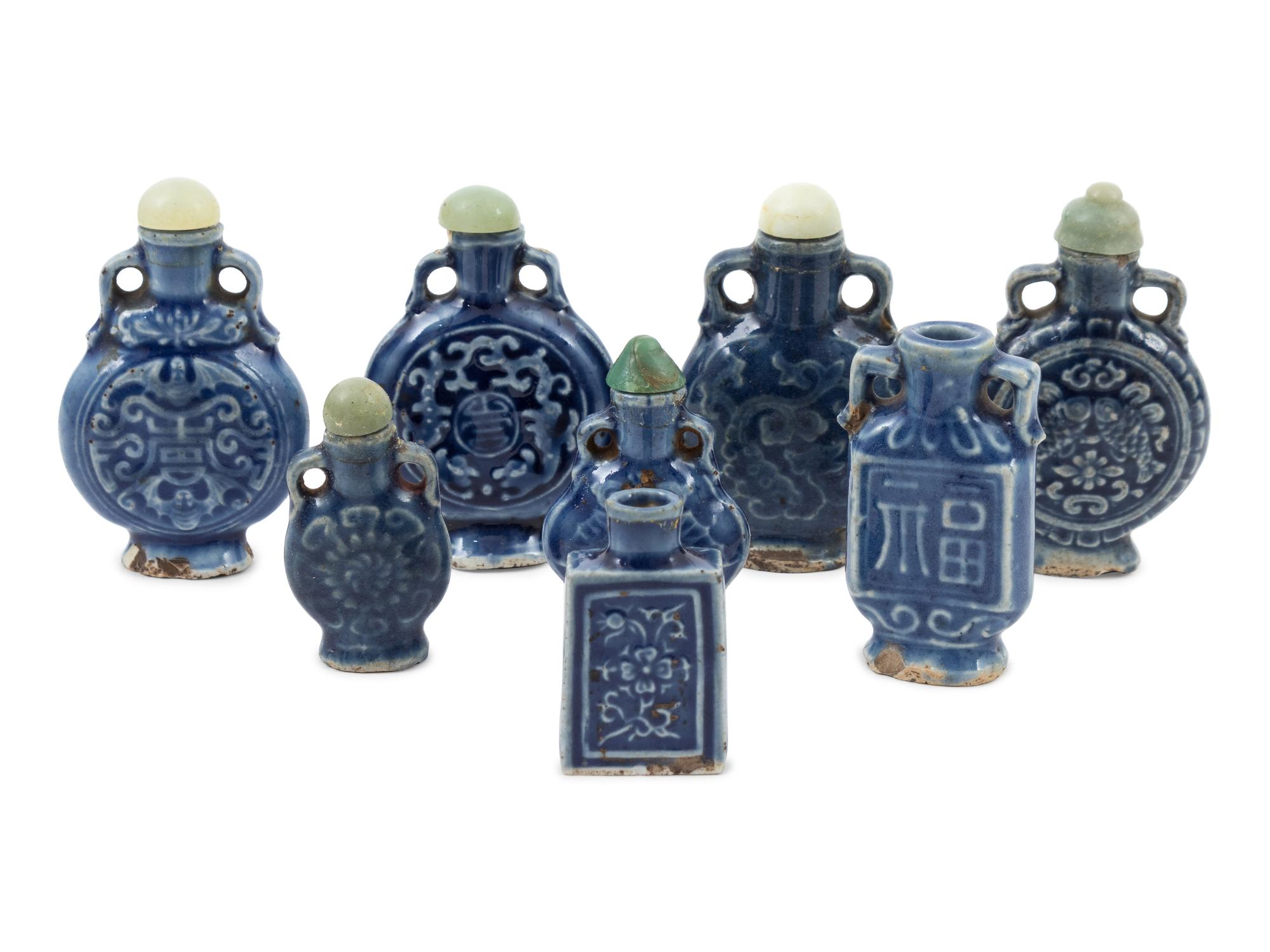 A Group of Chinese Blue Glazed Moonflask Form Snuff Bottles