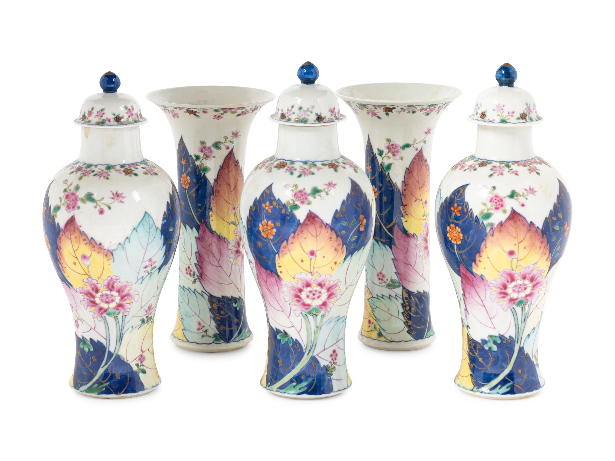 A Chinese Export Tobacco Leaf Porcelain Five-Piece Garniture