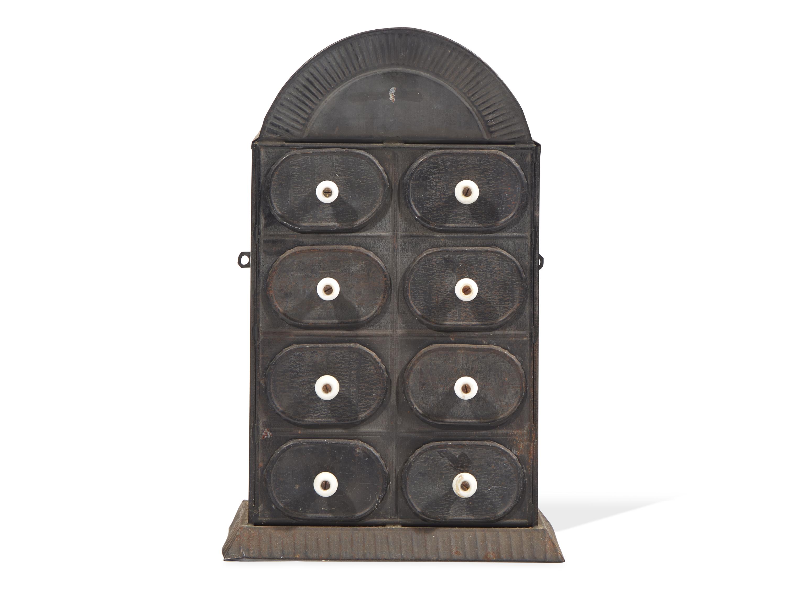A Black-Painted Tin Spice Box