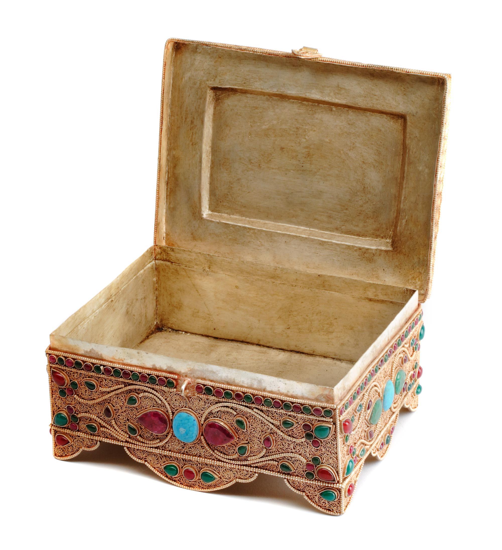 A Silver Filigree and Semi-Precious Stone-Inset Box, 20th Century, of rectangular form with stylized floral decoration.