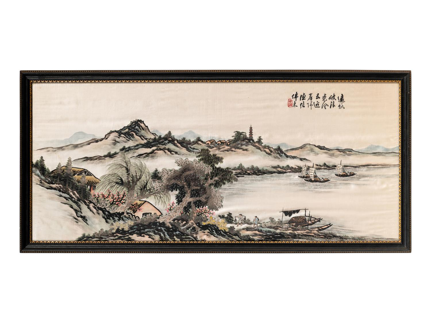 Two Chinese Embroidered Silk Panels