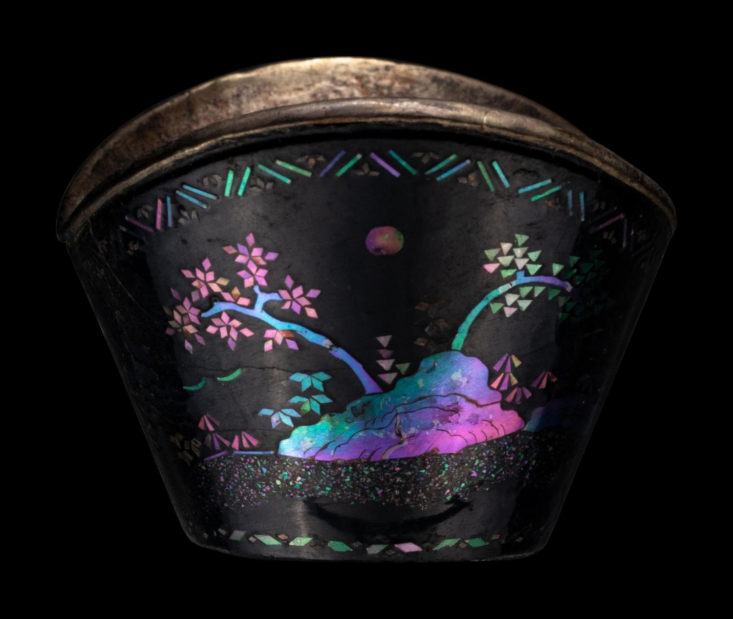 A Set of Six Mother-of-Pearl Inlaid Black Lacquer Ingot-Form Cups