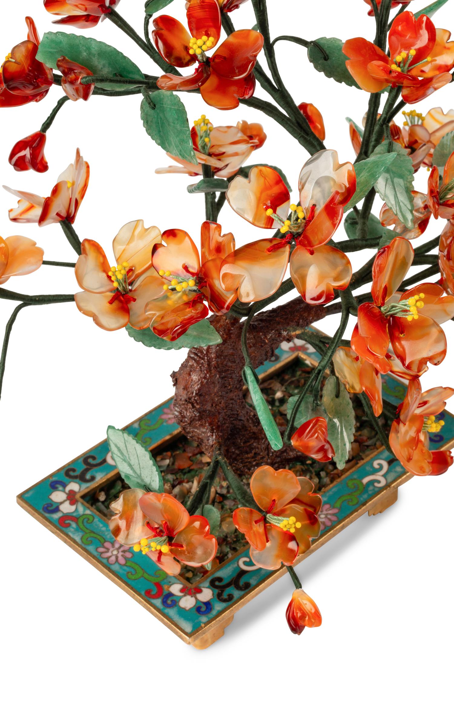 Six Chinese Hardstone Models of Trees in Cloisonné Jardinières