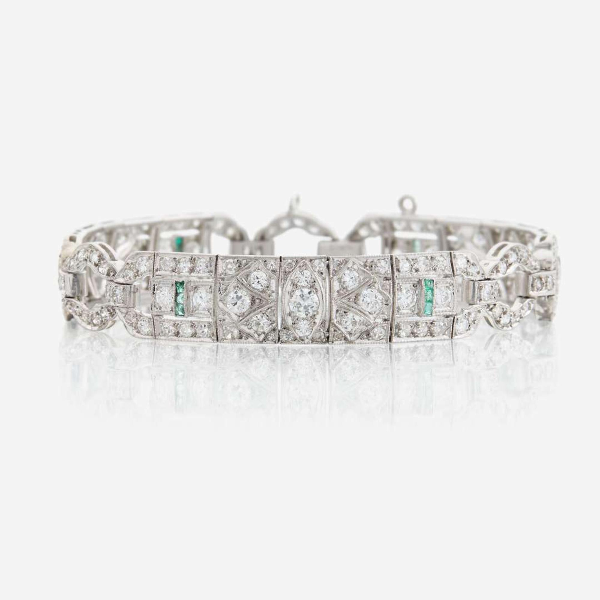 An Art Deco diamond, emerald, and platinum bracelet