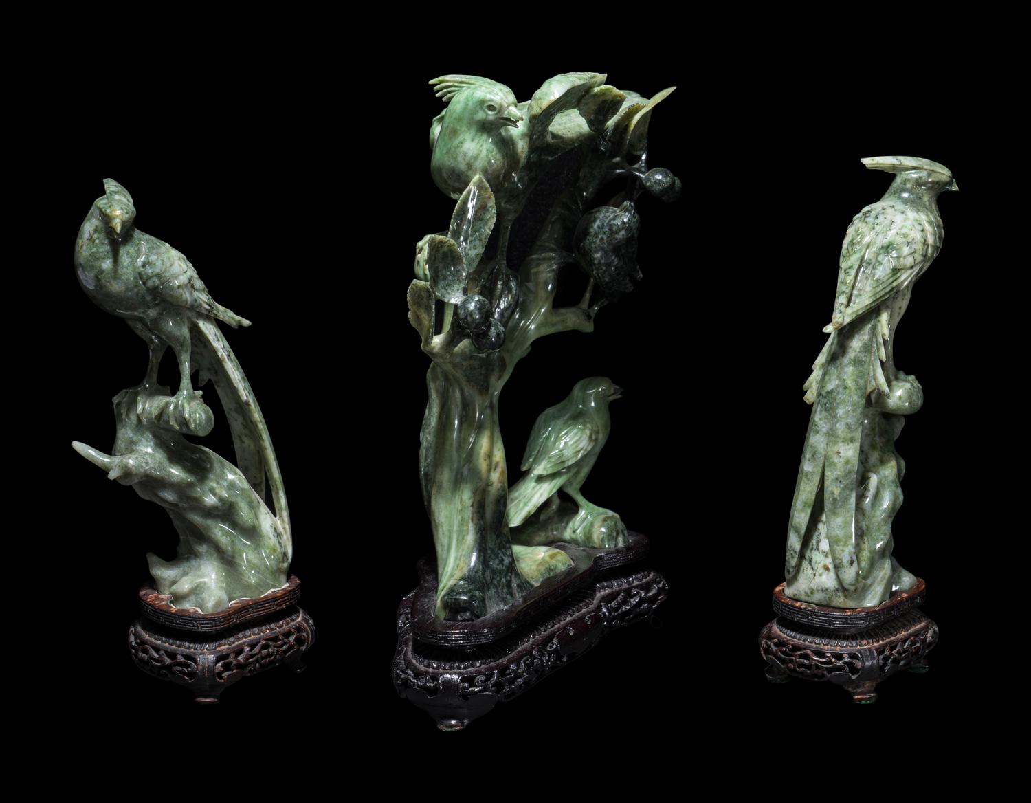 Three Chinese Green Jadeite Figures of Birds