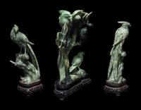 Three Chinese Green Jadeite Figures of Birds