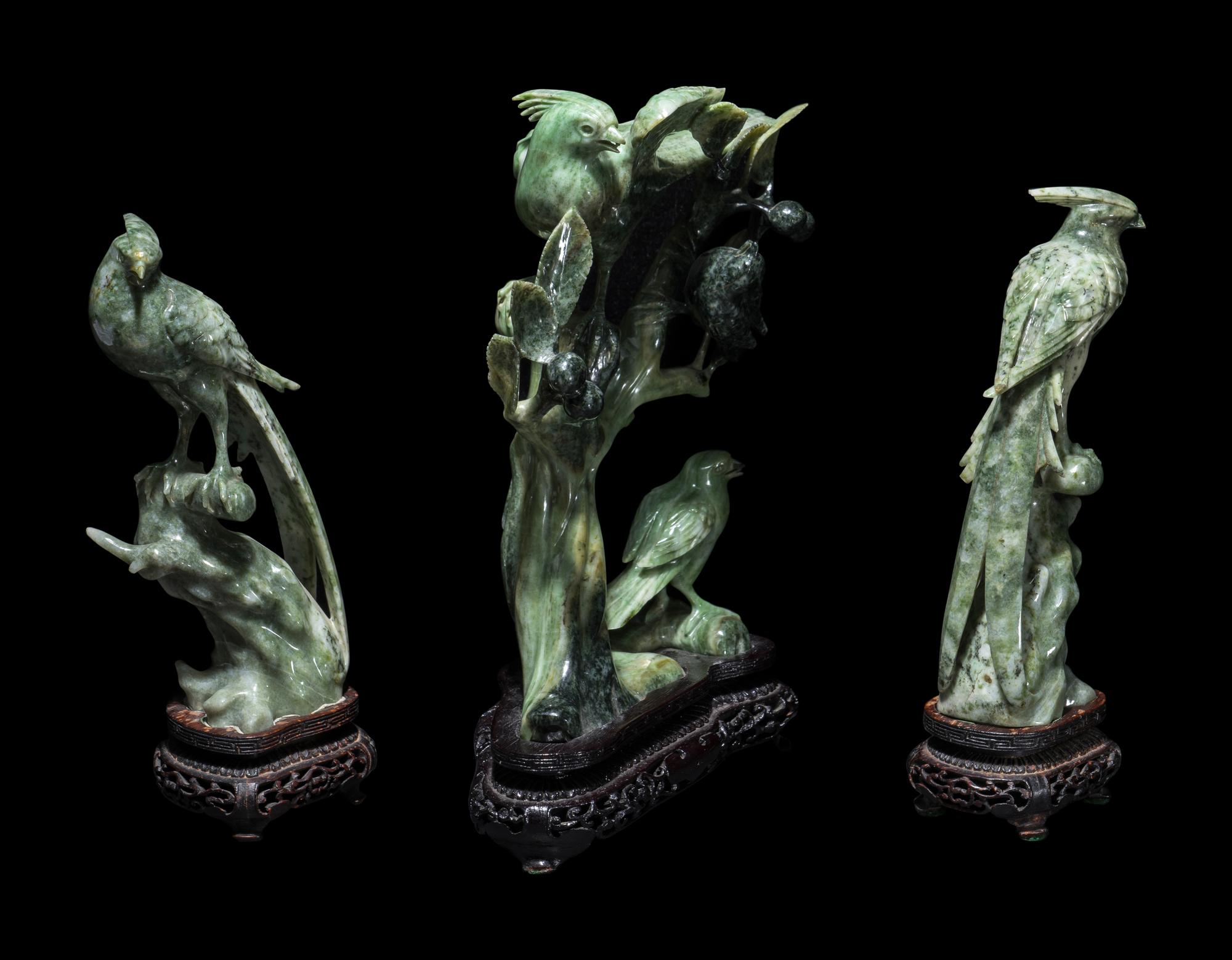 Three Chinese Green Jadeite Figures of Birds