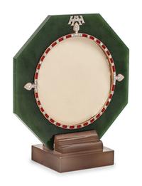 A Cartier Brown Agate, Green Jade, Yellow Gold, Enamel and Diamond Picture Frame