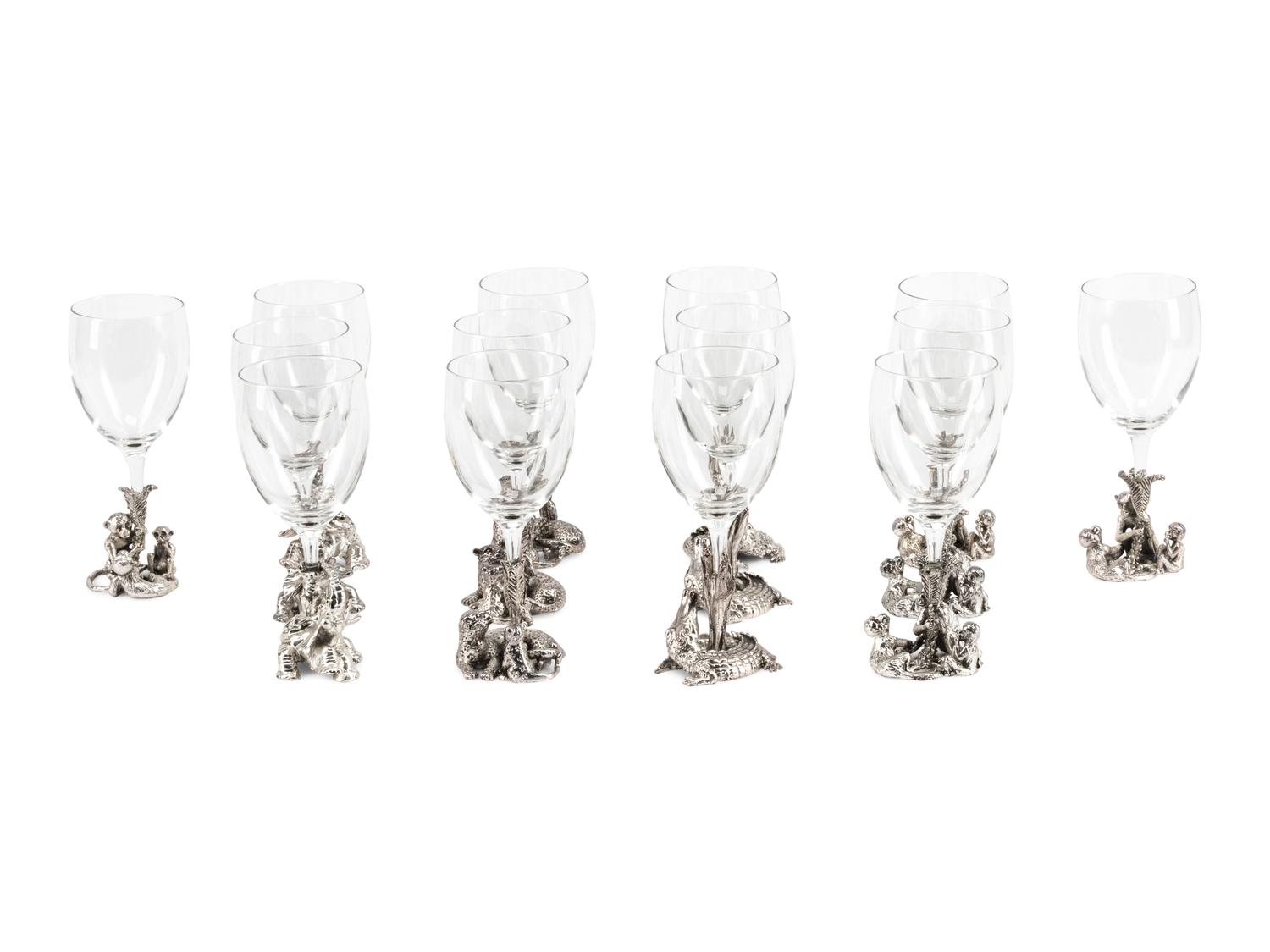 A Set of Fourteen Arthur Court Silvered Pewter and Glass Wine Stems