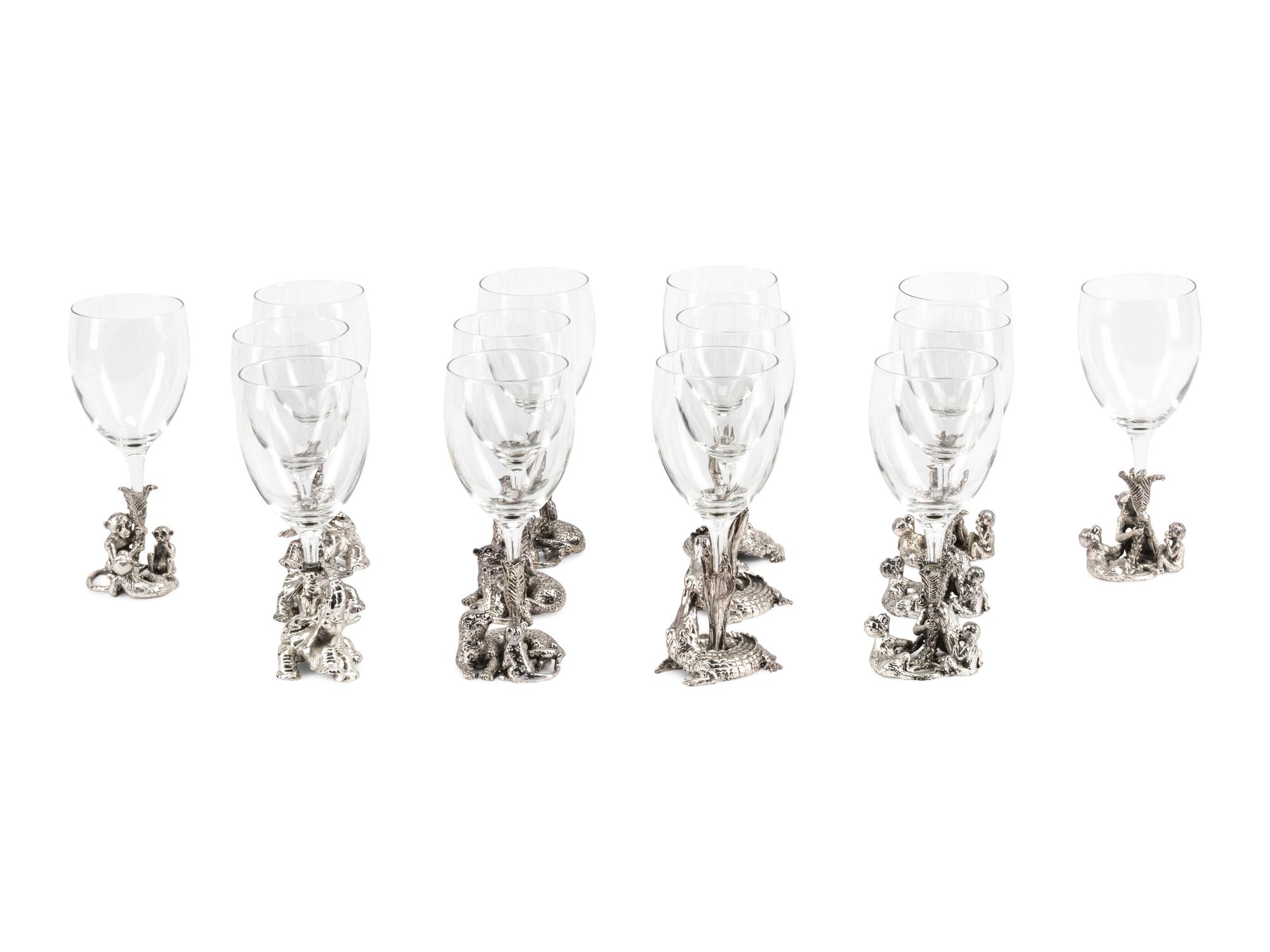 A Set of Fourteen Arthur Court Silvered Pewter and Glass Wine Stems