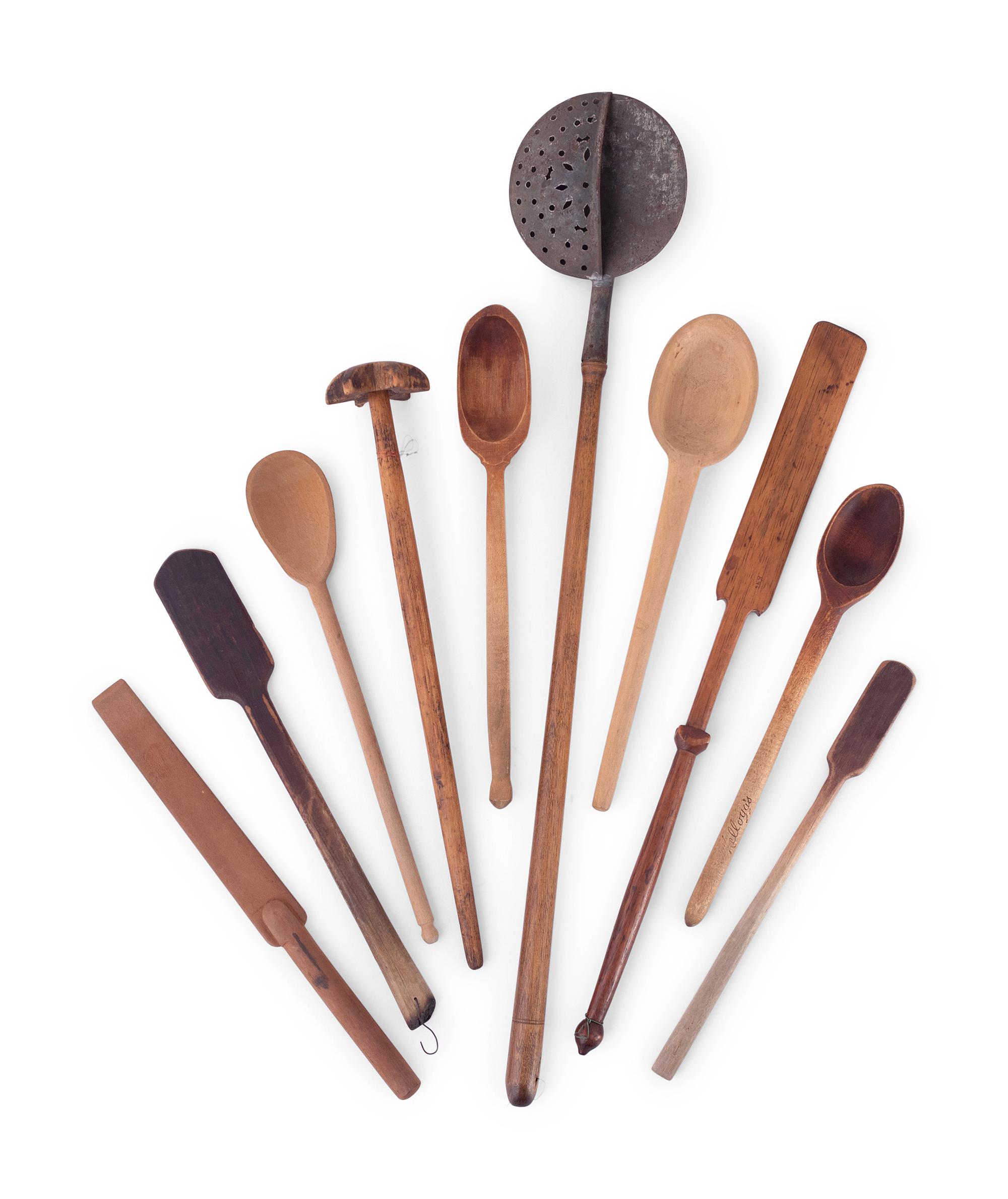A Group of Wood Grain Scoops, Spoons and Other Utensils