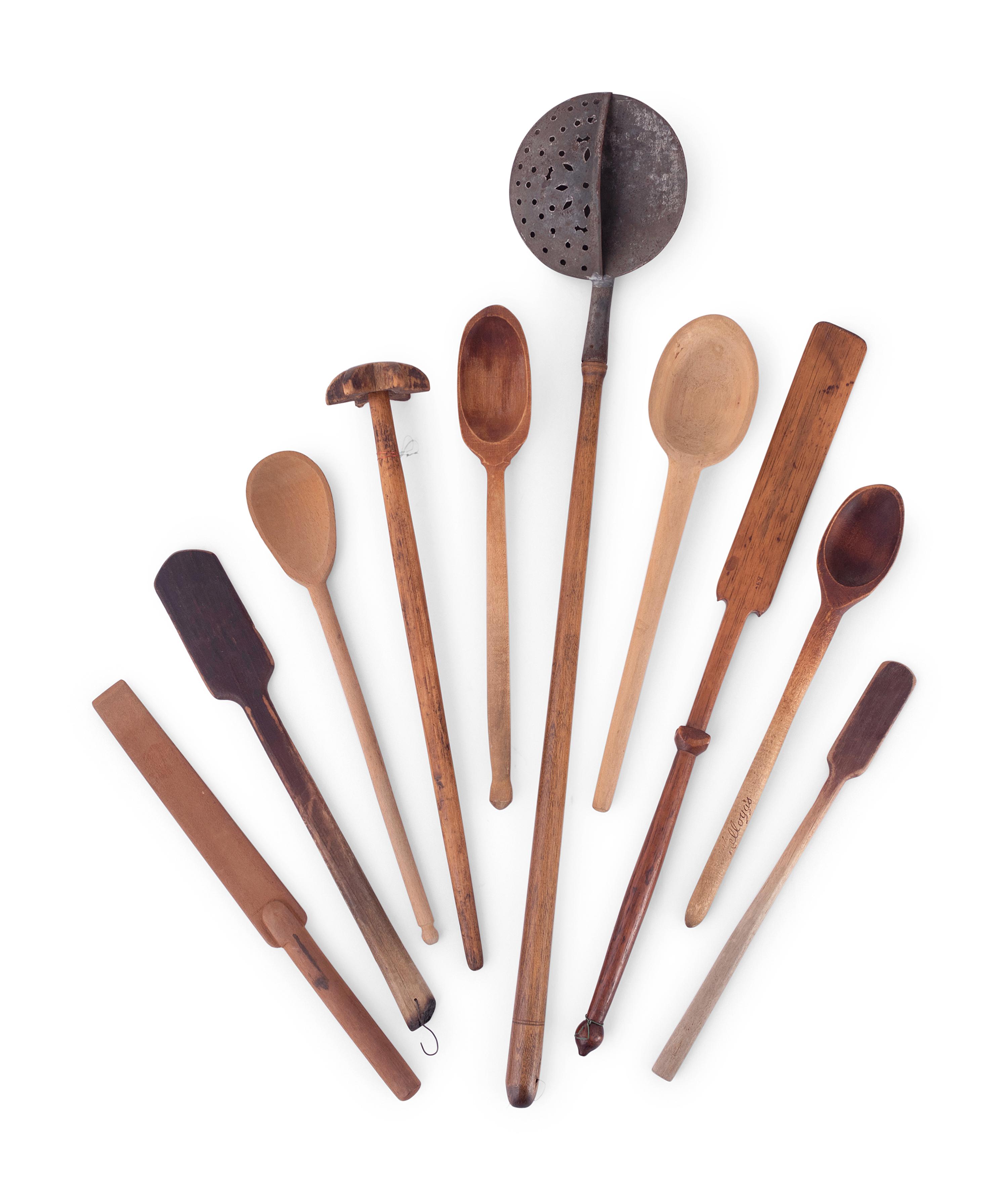 A Group of Wood Grain Scoops, Spoons and Other Utensils