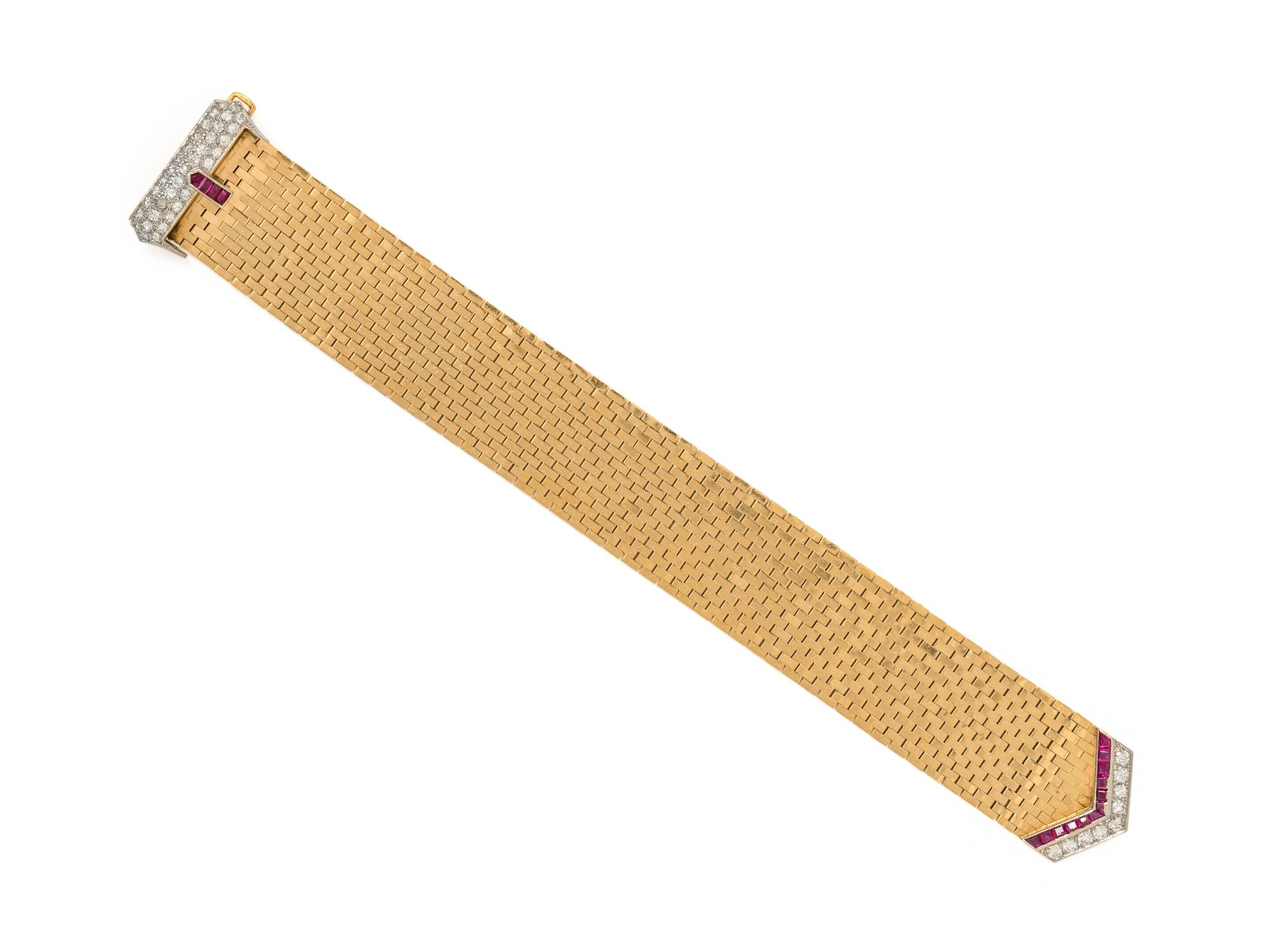 CARTIER, RETRO, YELLOW GOLD, DIAMOND AND RUBY BUCKLE BRACELET