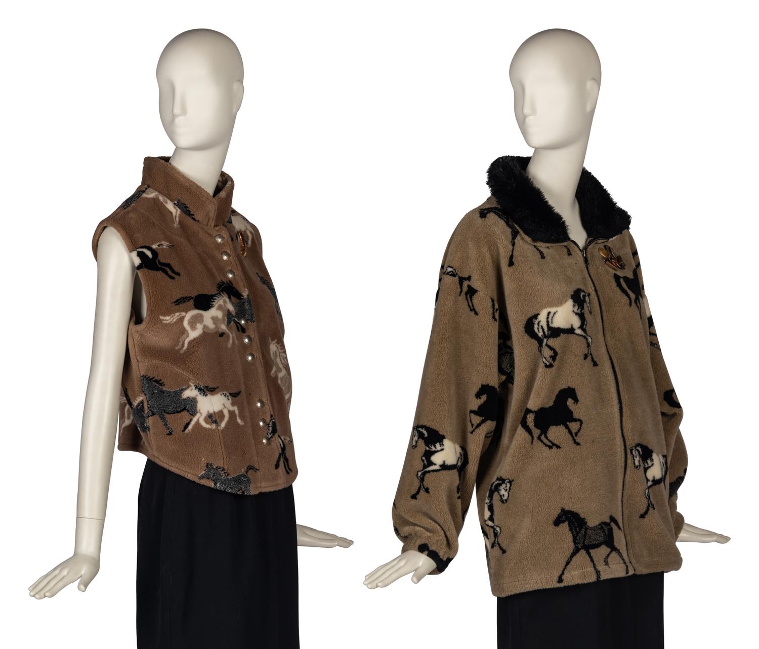 Two Equestrian Motif Fleece Knits and Two Brooches