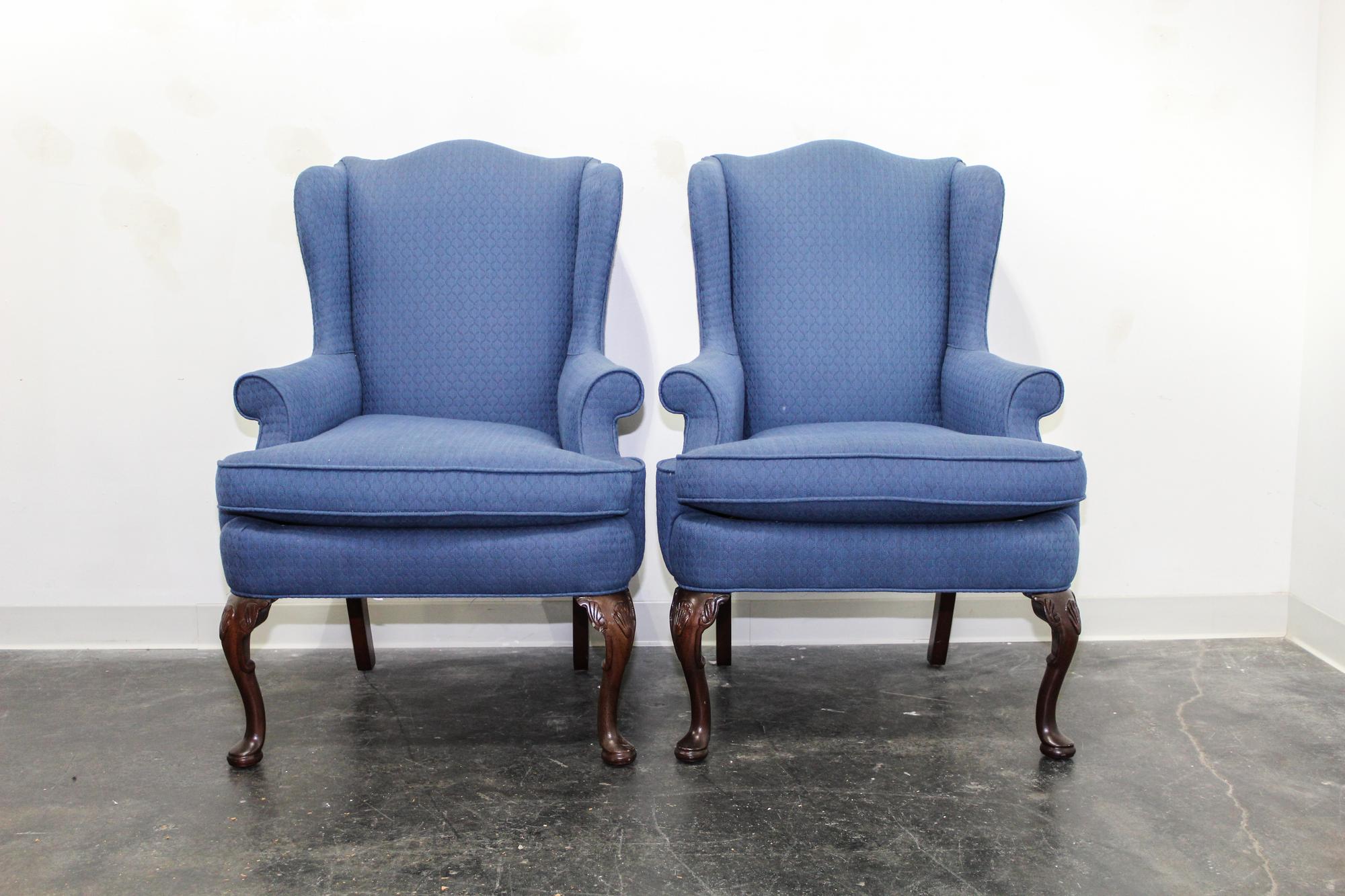 A Pair of Queen Anne Style Wingback Armchairs Height 42 1/2 inches. — 20TH CENTURY