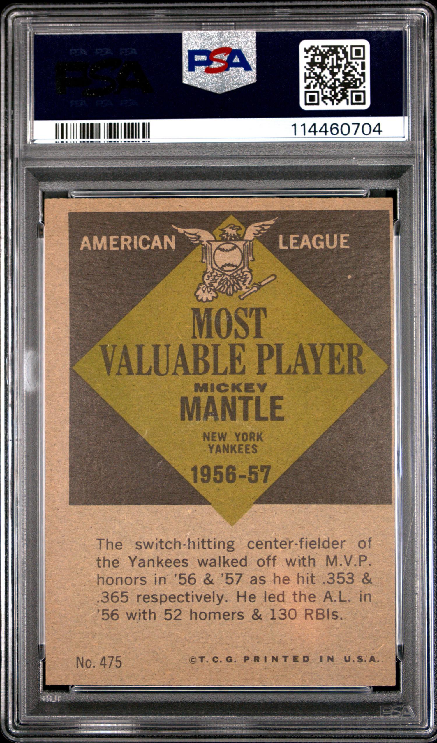 A 1961 Topps Mickey Mantle MVP Baseball Card No. 475 (PSA 7 NM)