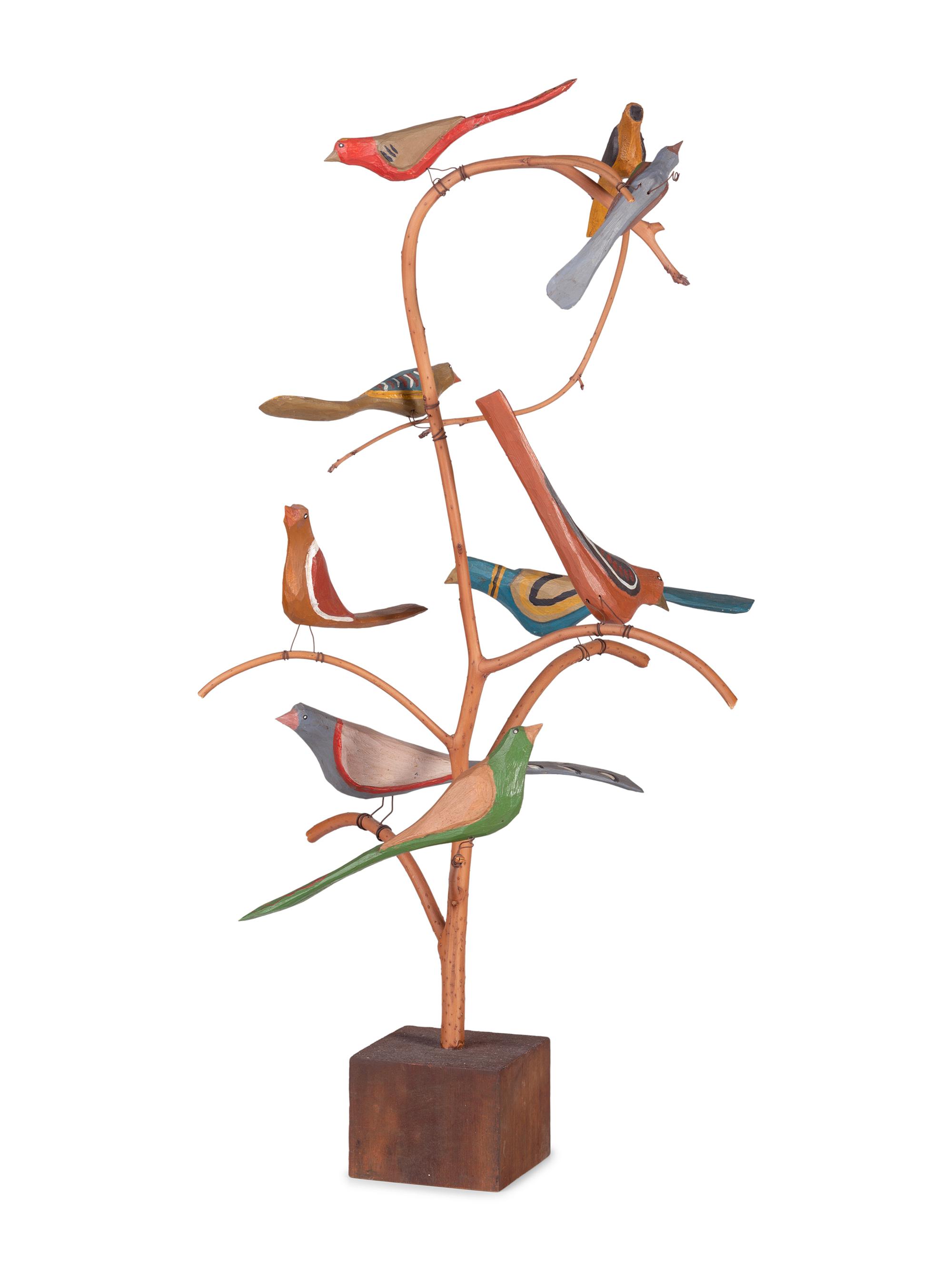 Five Carved and Painted Wood Folk Art Bird Trees