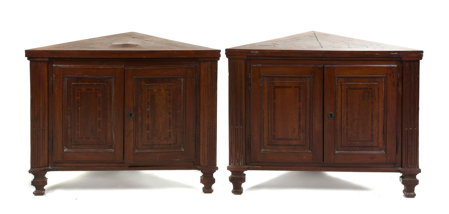 A Pair of Italian Walnut Inlaid Corner Cabinets, Height 32 x width 29 x depth 29 inches (open).