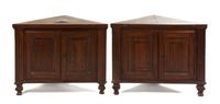 A Pair of Italian Walnut Inlaid Corner Cabinets, Height 32 x width 29 x depth 29 inches (open).