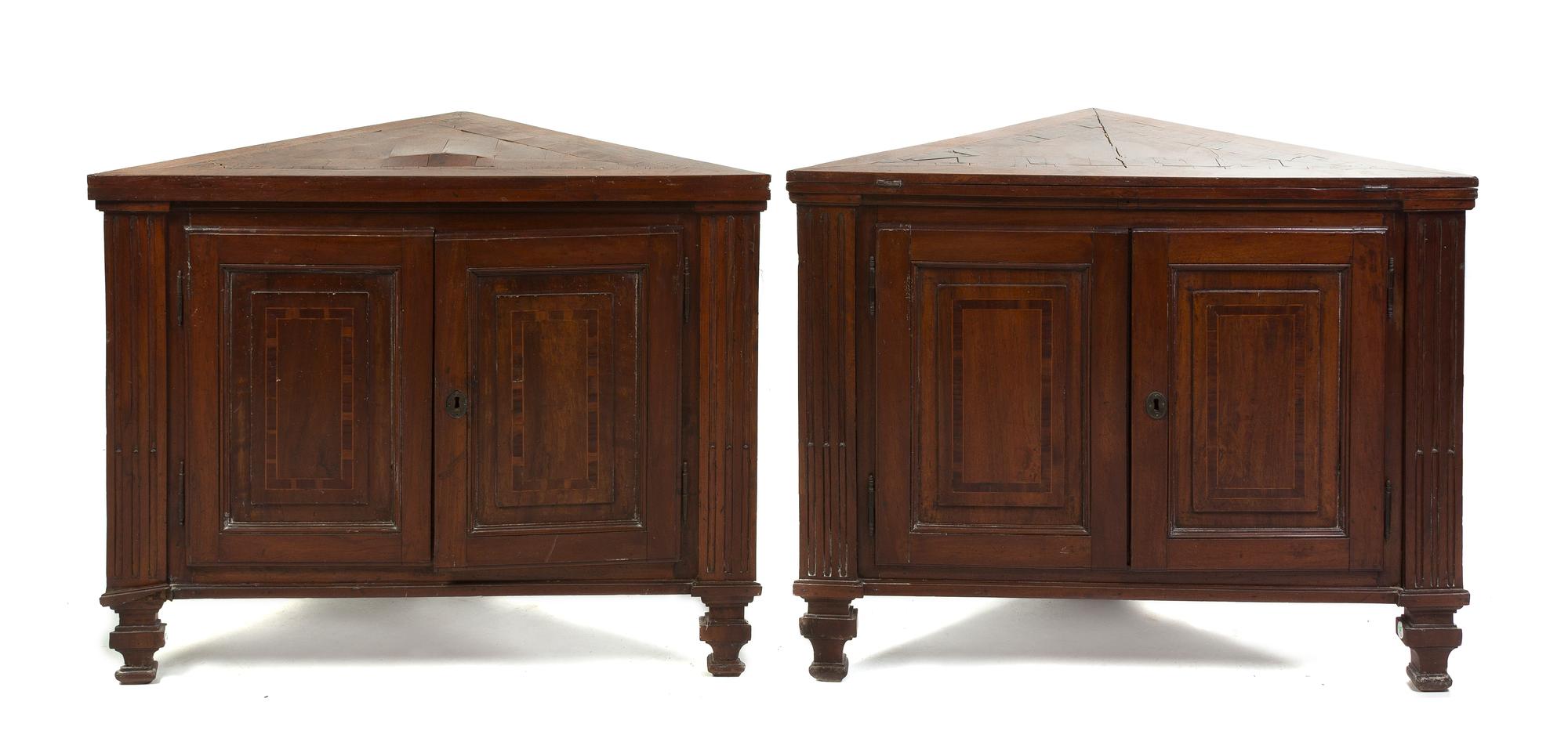 A Pair of Italian Walnut Inlaid Corner Cabinets, Height 32 x width 29 x depth 29 inches (open).