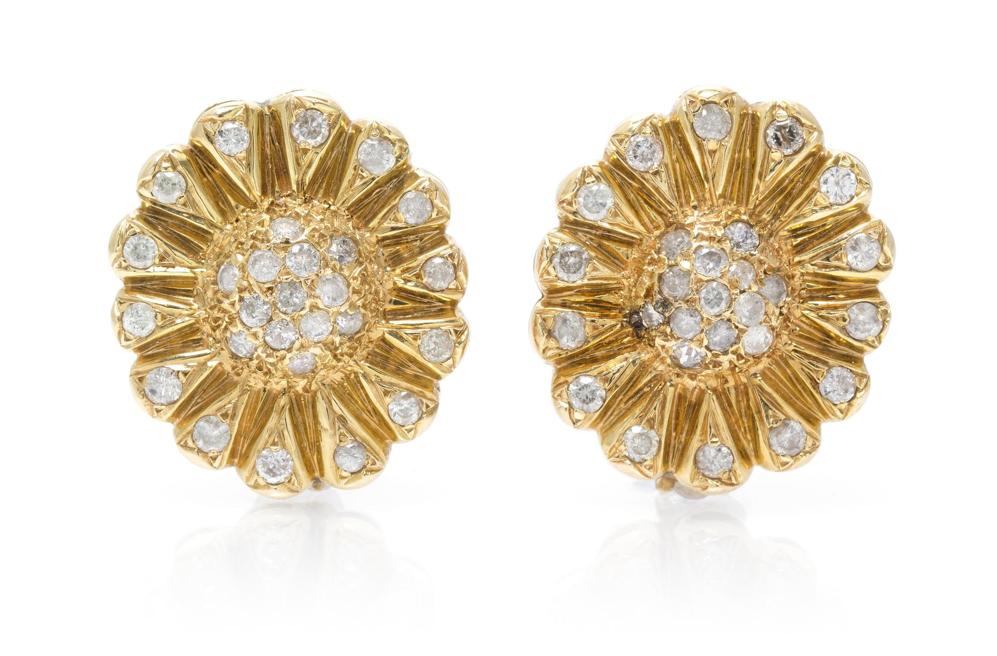 A Pair of 14 Karat Yellow Gold and Diamond Earrings, 11.40 dwts.