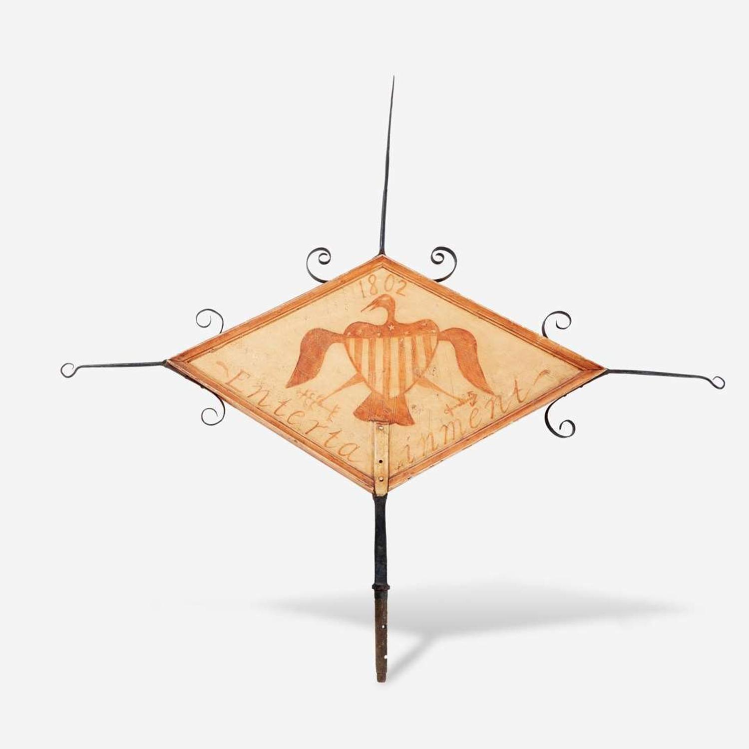 A painted wood and wrought iron tavern sign Inscribed and dated, "Entertainment 1802"