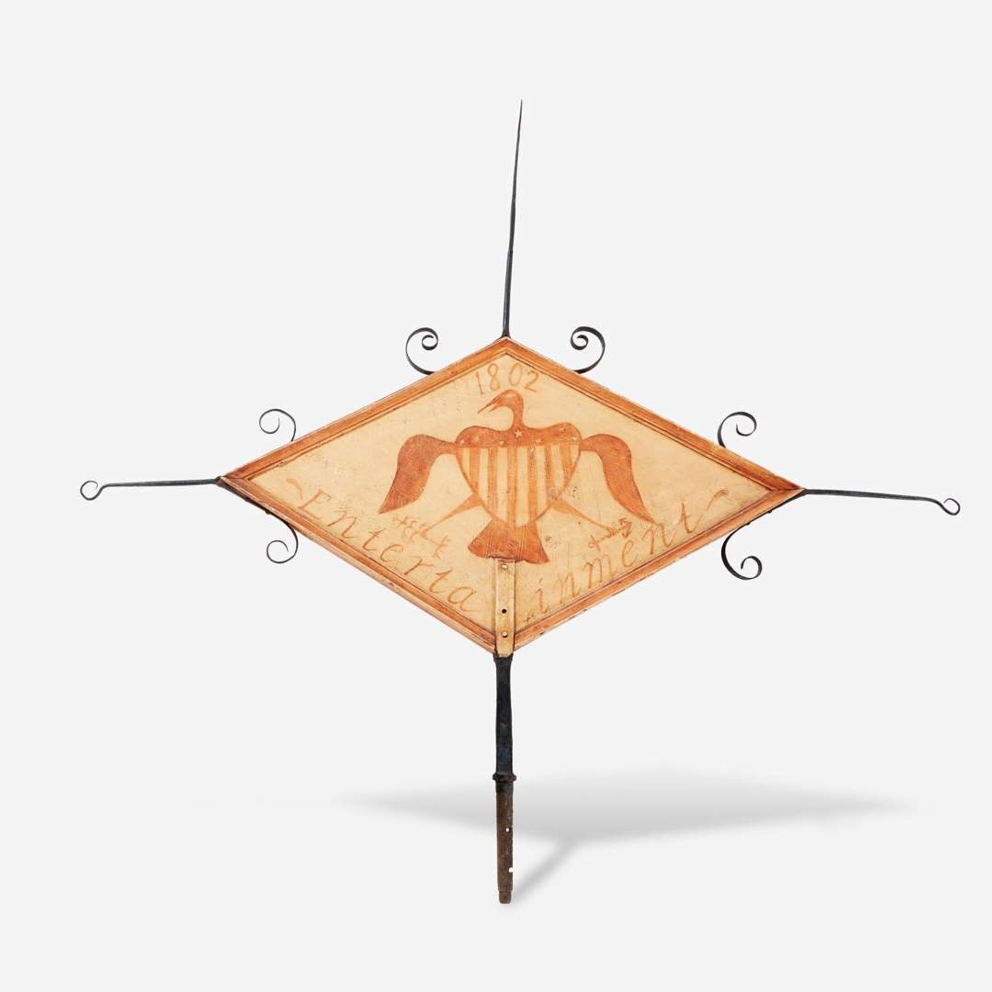 A painted wood and wrought iron tavern sign Inscribed and dated, "Entertainment 1802"