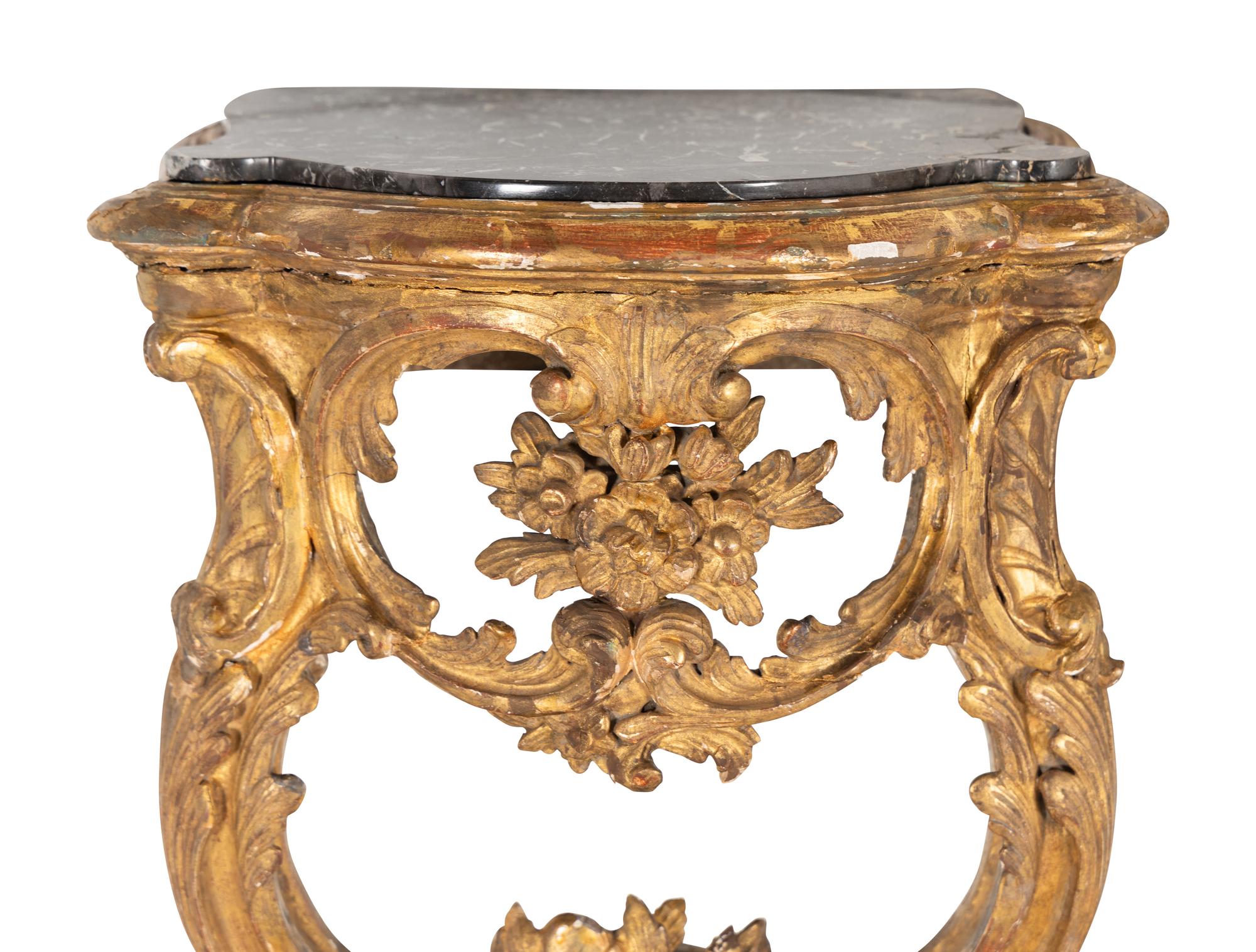 A Pair of Louis XV Style Giltwood Marble-Top Console Tables