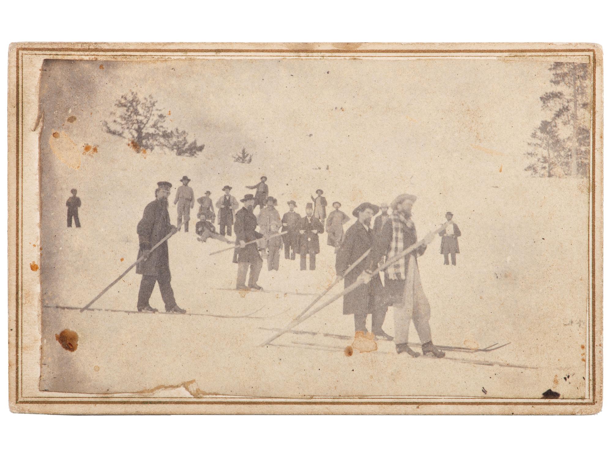 [EARLY PHOTOGRAPHY]. Rare CDV providing an early view of longboard skiers on a mountainside.