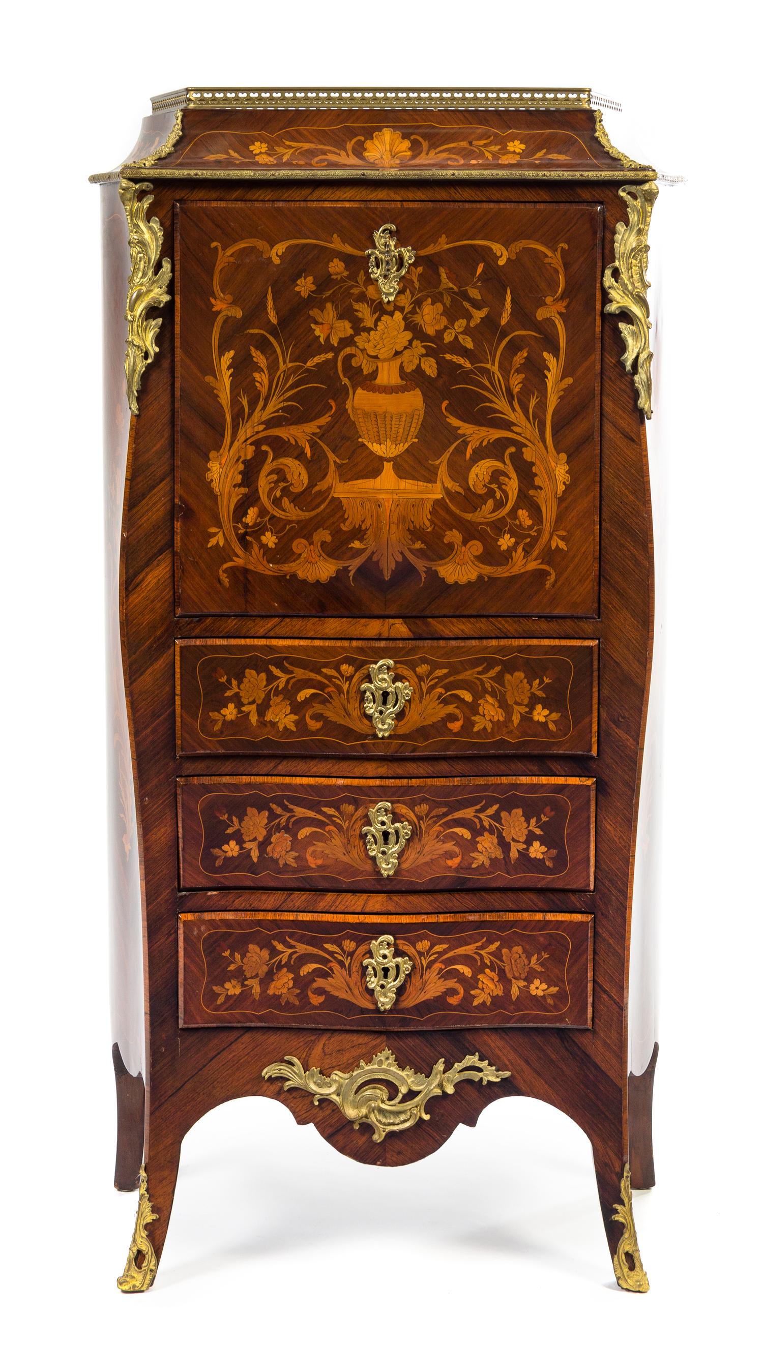 A Louis XV Style Gilt Bronze Mounted Marquetry Secretaire a Abattant Height 51 1/2 x width 27 1/4 x depth 12 inches. — LATE 19TH CENTURY