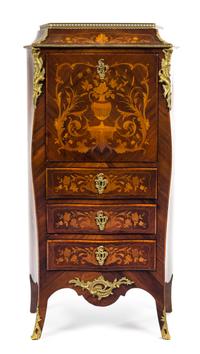 A Louis XV Style Gilt Bronze Mounted Marquetry Secretaire a Abattant Height 51 1/2 x width 27 1/4 x depth 12 inches. — LATE 19TH CENTURY